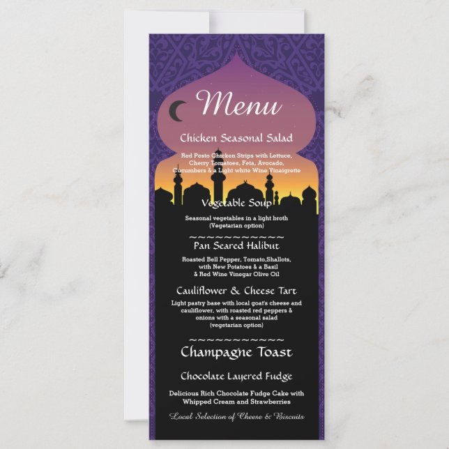 Invitación Menú Fiesta Noche Árabe Recepción de Boda (Anverso)