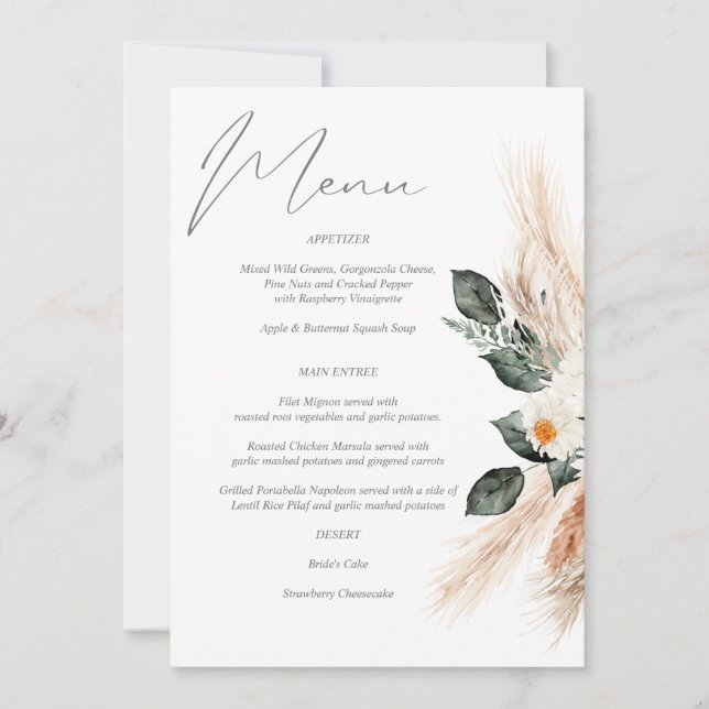 Invitación Menú Floral Boho Copper Pampas Grass & Beige (Anverso)