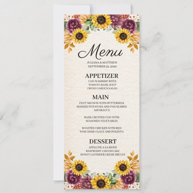 Invitación Menú floral de la boda del girasol del otoño (Anverso)