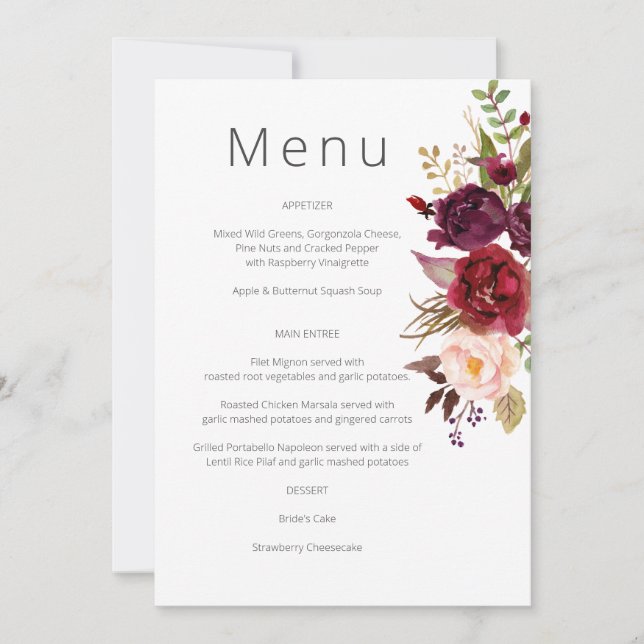 Invitación Menú Floral de Marsala Borgoña y Rubor - Blanco  (Anverso)