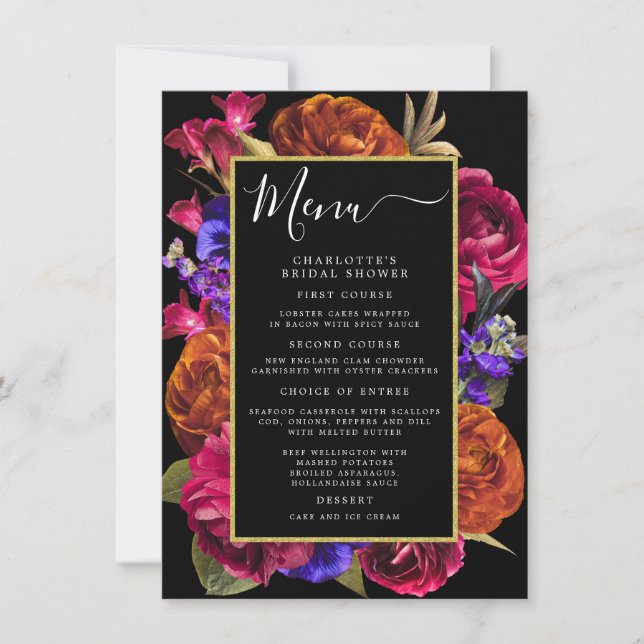 Invitación Menú floral de Naranja morado rojo borgoñés (Anverso)