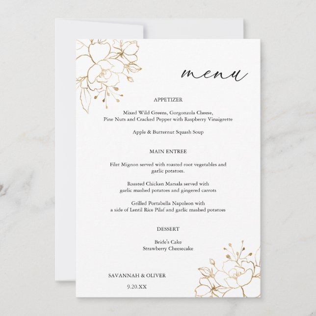 Invitación Menú floral dorado (Anverso)