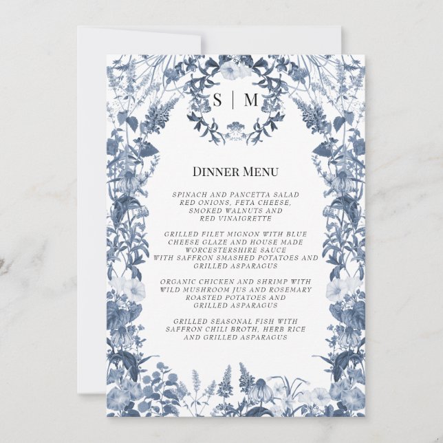 Invitación Menú Floral Floral Azul y Boda Blanco (Anverso)