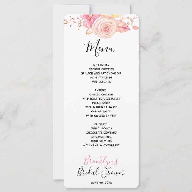 Invitación Menú Floral Pink Bridal Shower (Anverso)