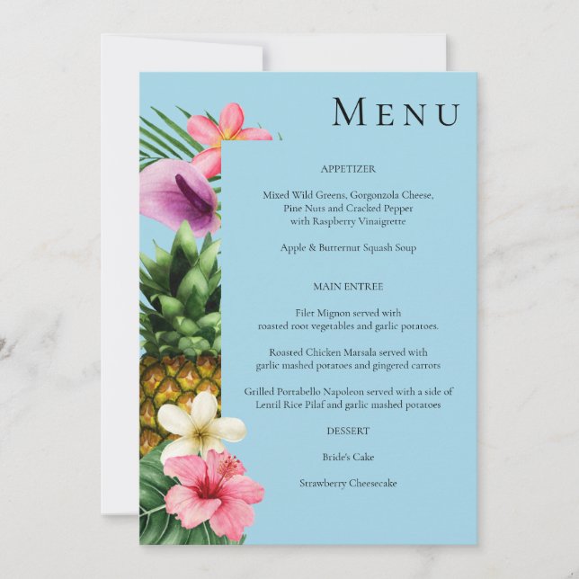 Invitación Menú floral tropical hawaiano - Azul (Anverso)