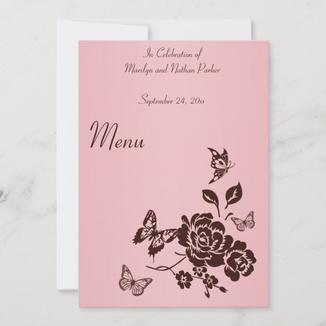 Invitación Menú Flores y mariposas rosas y marrones de Rubor (Anverso)