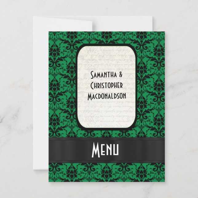 Invitación Menú formal de boda de damasco negro y verde (Anverso)