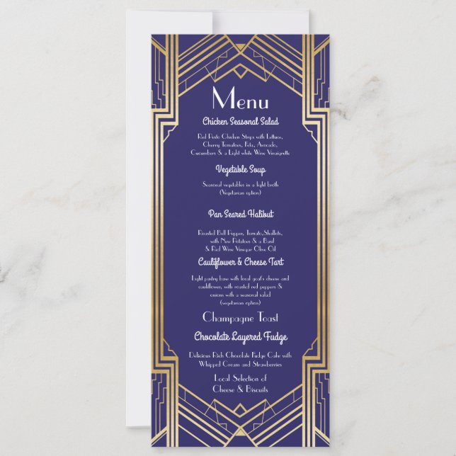 Invitación Menú Gatsby de la Marina Recepción de Boda Art Déc (Anverso)