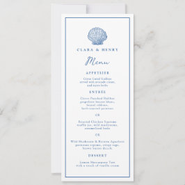 Invitación Menú largo de boda con conchas marinas azul francé