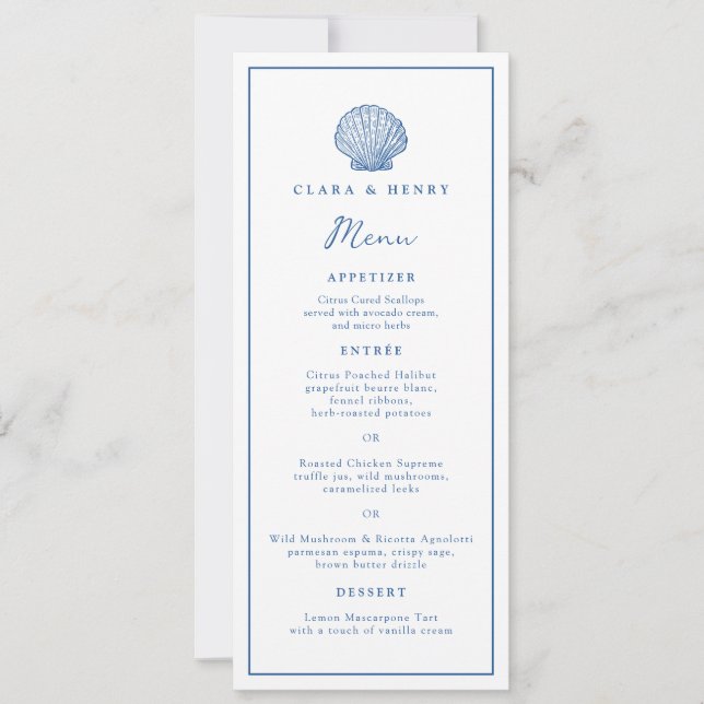 Invitación Menú largo de boda con conchas marinas azul francé (Anverso)