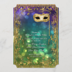 Invitación Menú Mardi Gras Masquerade Bokeh Gold Purpurina