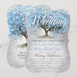 Invitación Menú Mason Jar Blue Heart Leaf Tree Watercolor