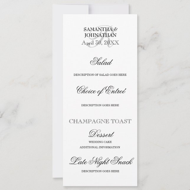 Invitación Menú minimalista blanco negro cena boda DIY (Anverso)