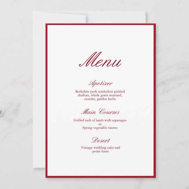 Invitación Menú moderno caligrafía Boda rojo (Anverso)