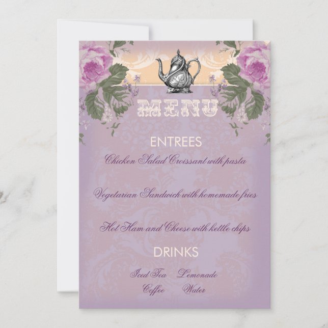 Invitación Menú nupcial de la fiesta del té de la ducha del (Anverso)