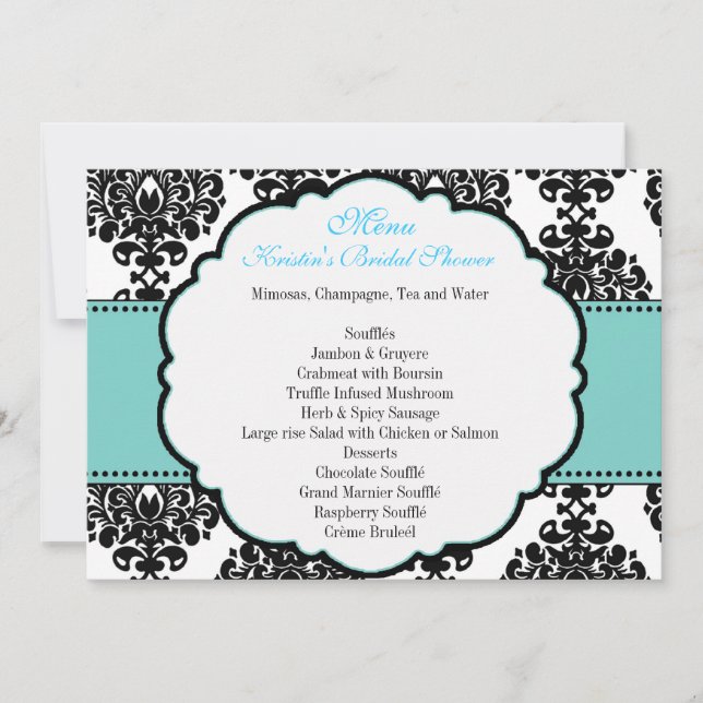 Invitación Menú para damasco de ducha azul nupcial (Anverso)