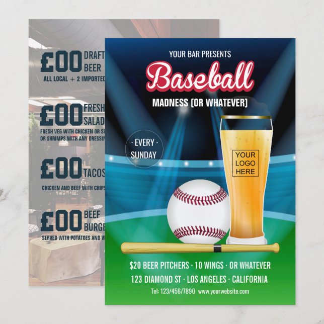 Invitación Menú promocional de evento de béisbol para añadir  (Anverso / Reverso)
