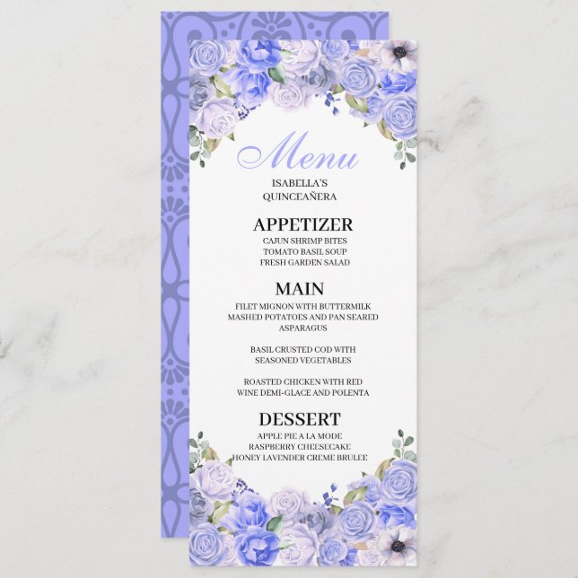 Invitación Menú Quinceanera con flor azul perenne (Anverso / Reverso)