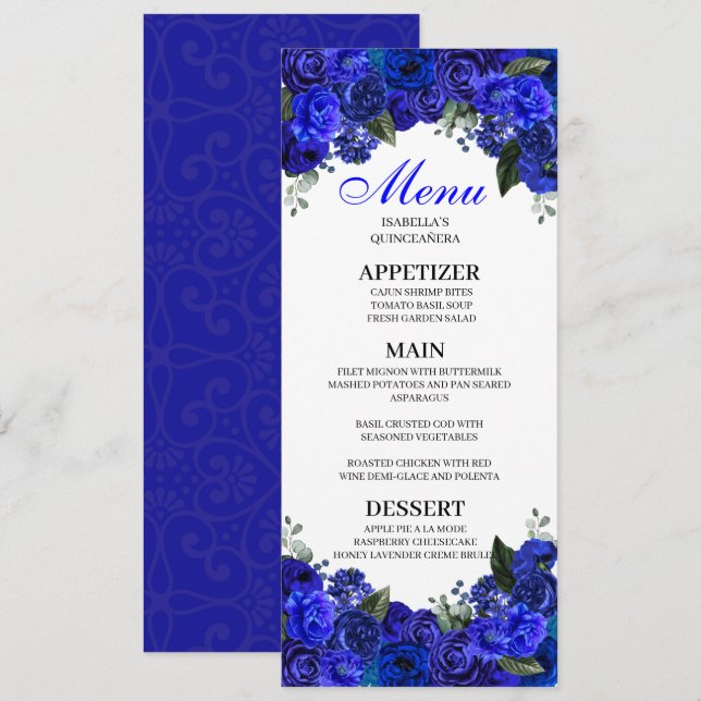 Invitación Menú Quinceanera floral azul real (Anverso / Reverso)