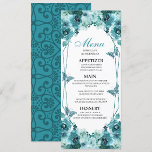 Invitación Menú Quinceanera floral verde azulada