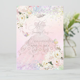 Invitación Menú Quinceanera Holografía Mariposa Rubor Pink