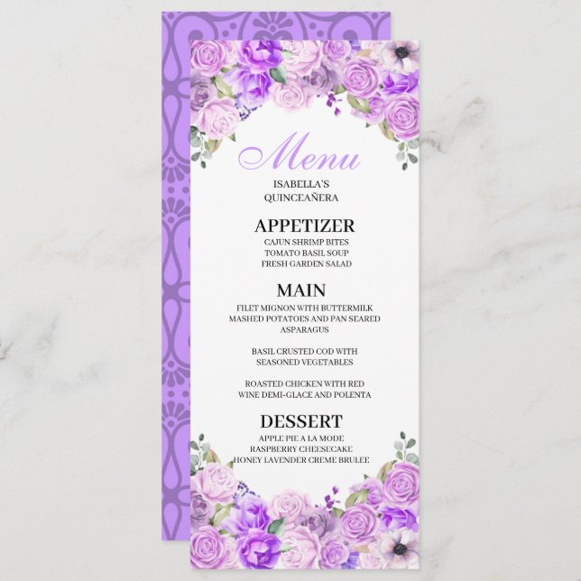 Invitación Menú Quinceanera Lilac Purple Floral (Anverso / Reverso)