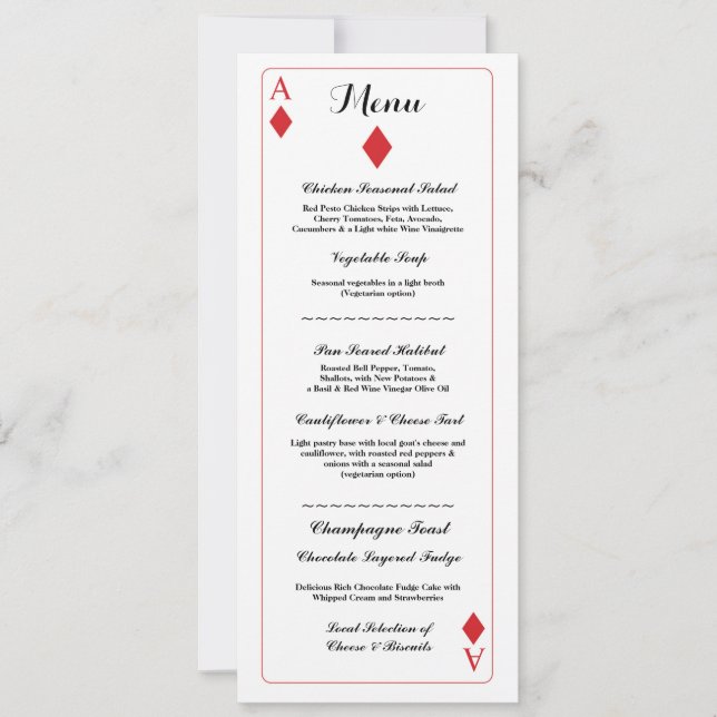 Invitación Menú Recepción de Boda Diamante Cartas de Juego As (Anverso)