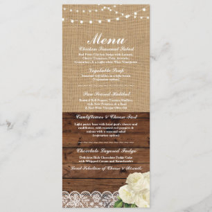 Invitación Menú Recepción de Boda Rosa Arpillera Madera Encaj