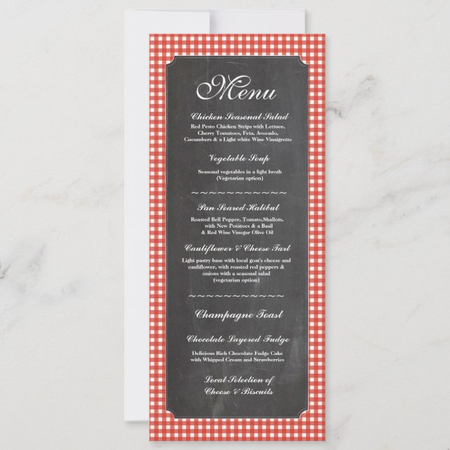 Invitación Menú Recepción de Boda Rústico Tiza Rojo Cuadro (Anverso)