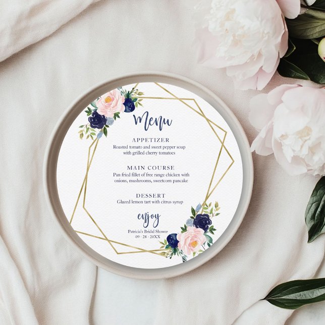 Invitación Menú Redondo para Bridal Shower con Flores Doradas (Subido por el creador)