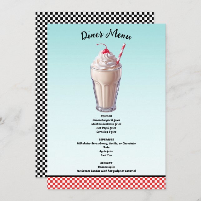 Invitación Menú Retro Diner Milkshake Ice Cream Fiesta (Anverso / Reverso)
