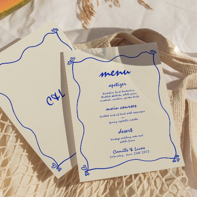 Invitación Menú Retro manuscrito Whimsical Blue Boda (Subido por el creador)