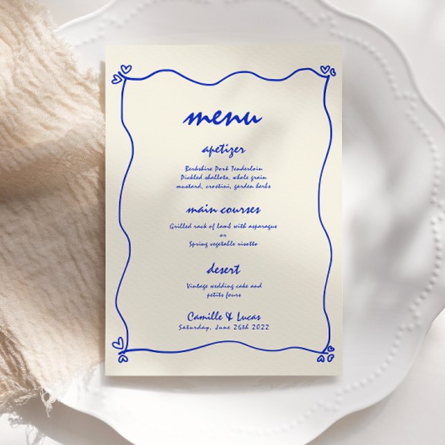 Invitación Menú Retro manuscrito Whimsical Blue Boda (Subido por el creador)