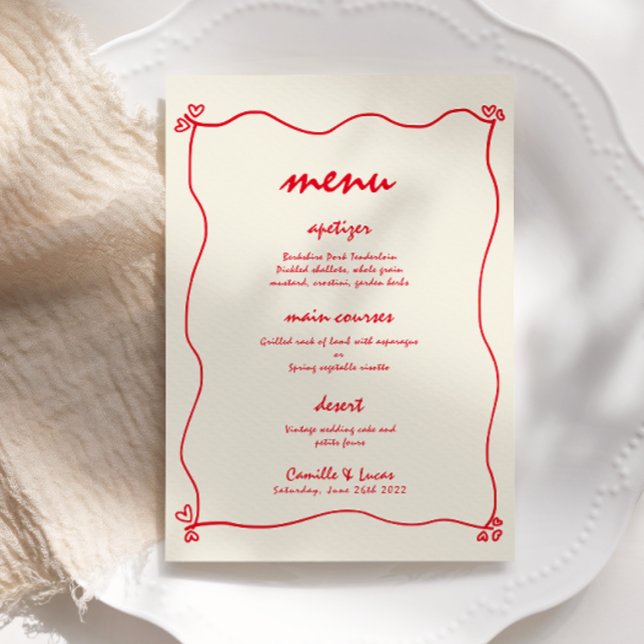 Invitación Menú Retro manuscrito Whimsical Red Boda (Subido por el creador)