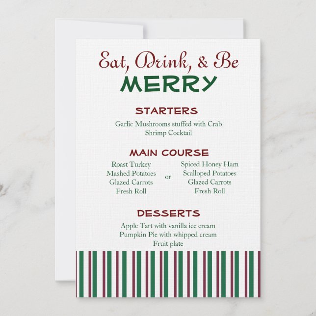 Invitación Menú rojo y verde del navidad (Anverso)