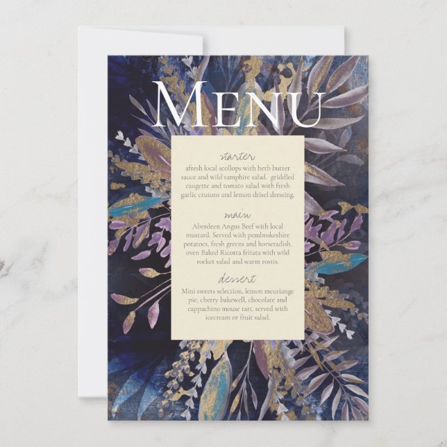 Invitación Menú romántico de azules pintados de ramo (Anverso)