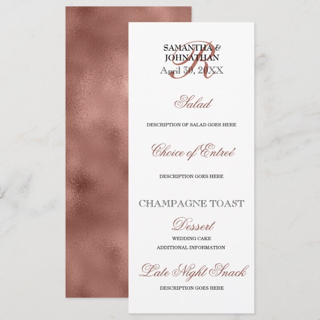Invitación Menú Rosa boda de oro Menú DIY elegante cena (Anverso / Reverso)