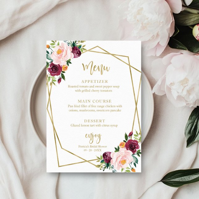 Invitación Menú Rubor Burgundy Floral Gold Bridal Shower (Subido por el creador)