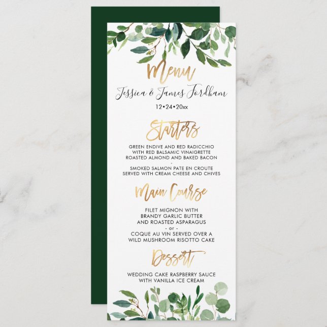 Invitación Menú Ruidoso Eucalyptus Faux Gold Script (Anverso / Reverso)