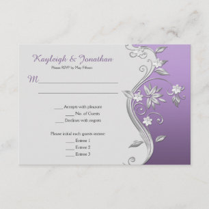 Invitación Menú Swirls Ornate Purple and Silver Flowers RSVP