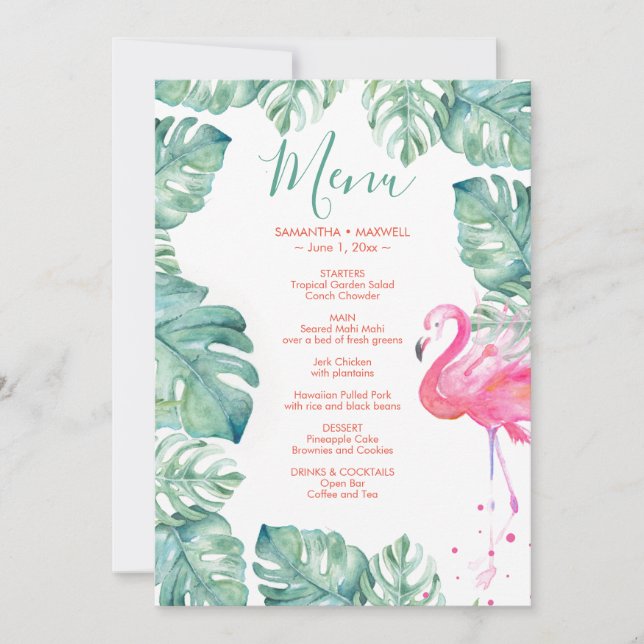 Invitación Menú tropical de color de agua Flamingo (Anverso)