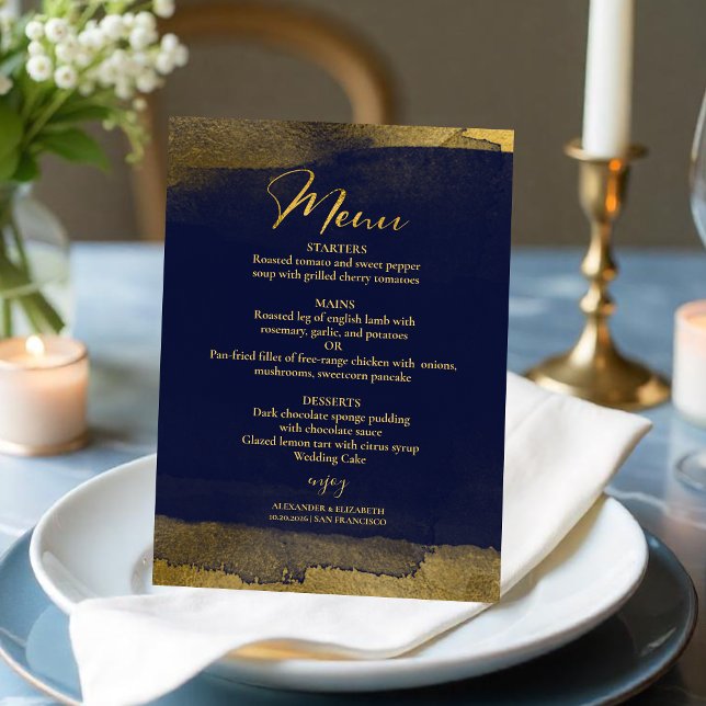 Invitación Menús Boda de acuarela | Azul Resumen dorado (Subido por el creador)