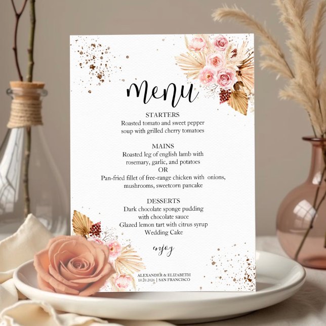 Invitación Menús Boda de acuarela | Boho Floral Purpurina (Subido por el creador)