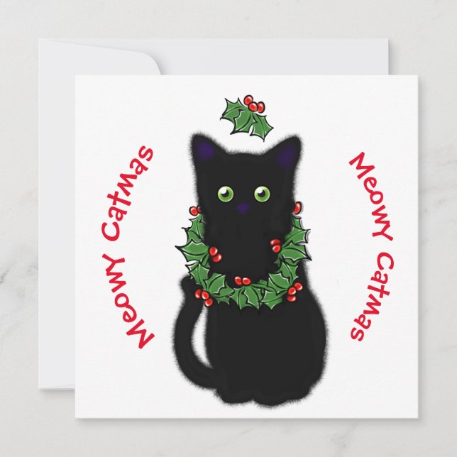 Invitación Meowy Catmas dibujando Navidades de Holly berries (Anverso)