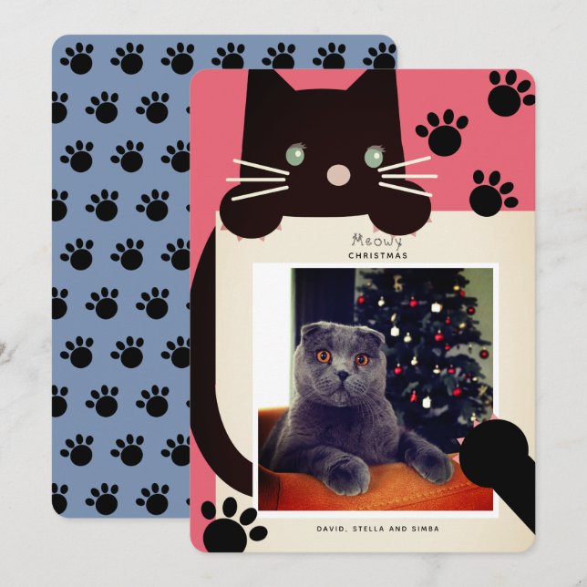 Invitación Meowy Navidades Black Cat Red Photo Holiday Card (Anverso / Reverso)
