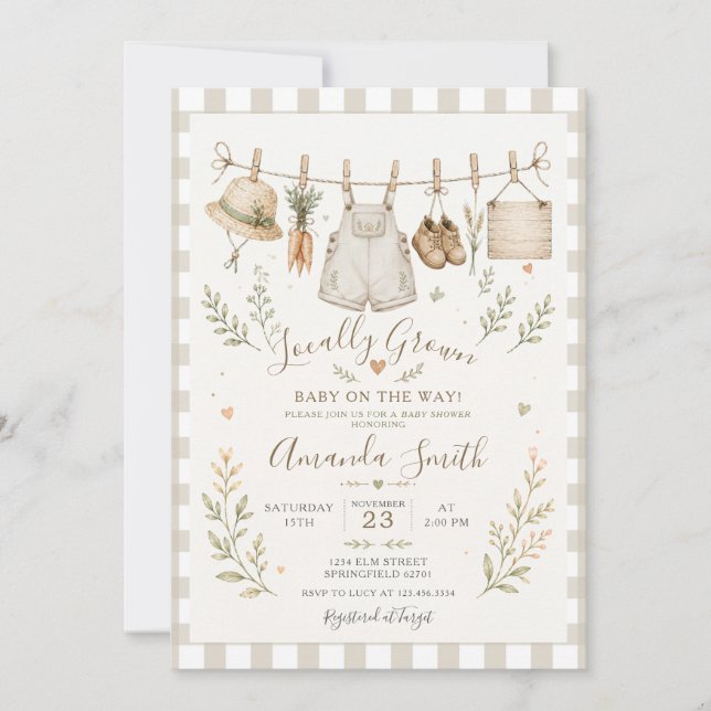 Invitación Mercado Boho Localmente Crecido Baby Shower Gingha (Anverso)