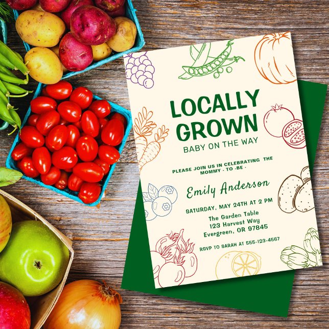 Invitación Mercado de granjeros Ducha de bebé de cosecha loca (Fresh and fun Locally Grown invite — perfect for farm-themed baby showers or birthdays.)