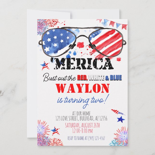 Invitación "Merica Patriótica Rojo Blanco y Azul Segundo cump (Anverso)