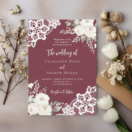 Invitación Merlot boda de encaje de rosas blancas burgundy