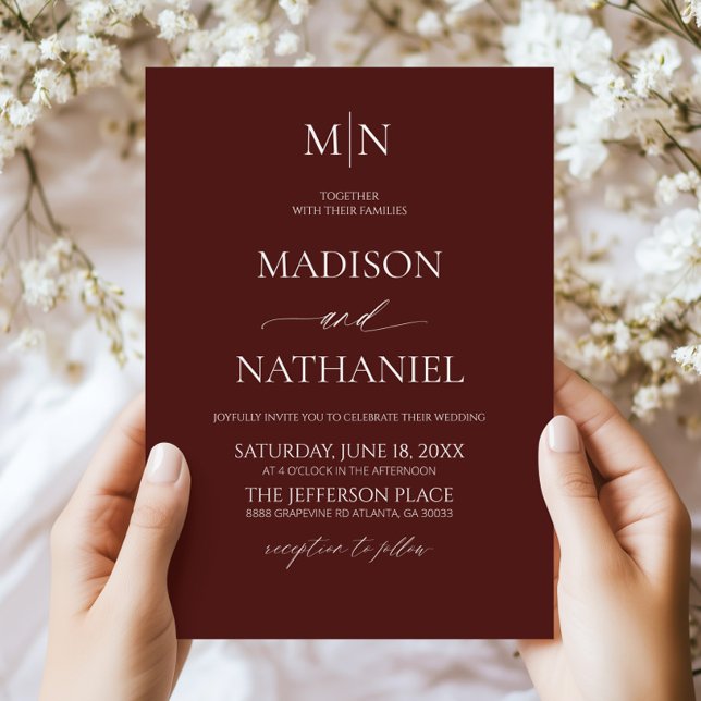 Invitación Merlot Deep Burgundy Minimalist Initial Wedding (Subido por el creador)
